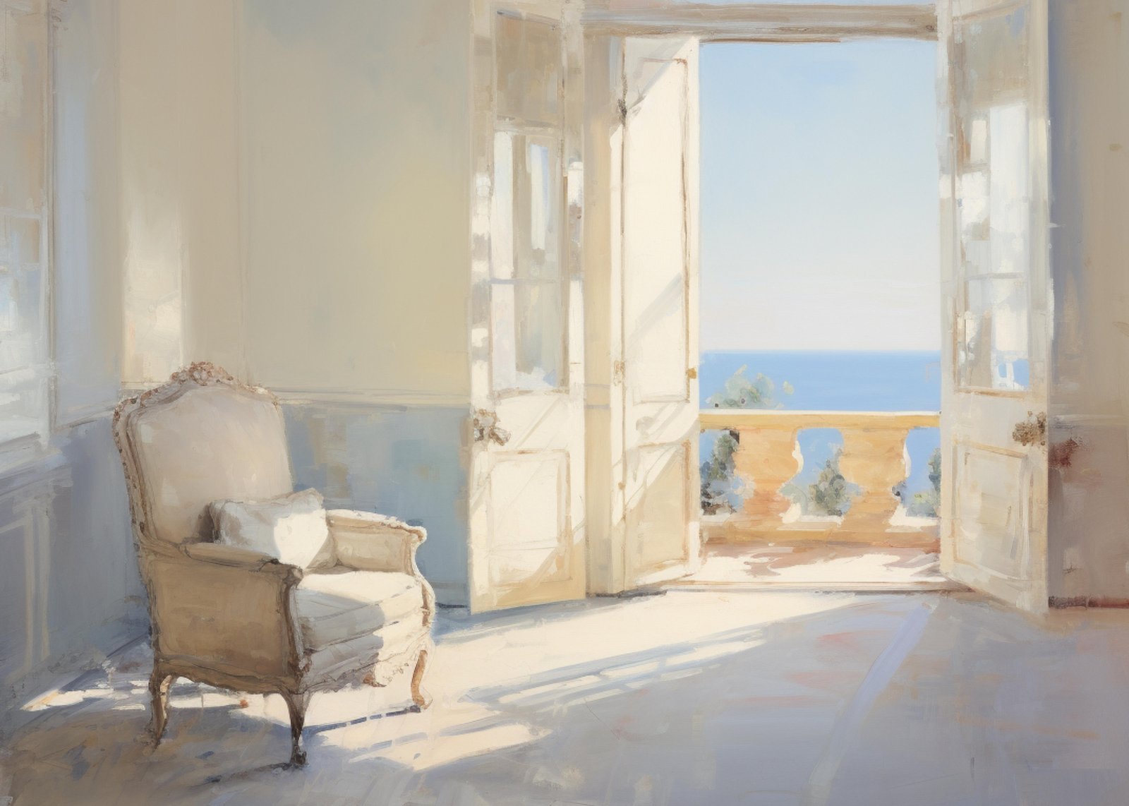 Serene Coastal Balcony Scene Wall Art