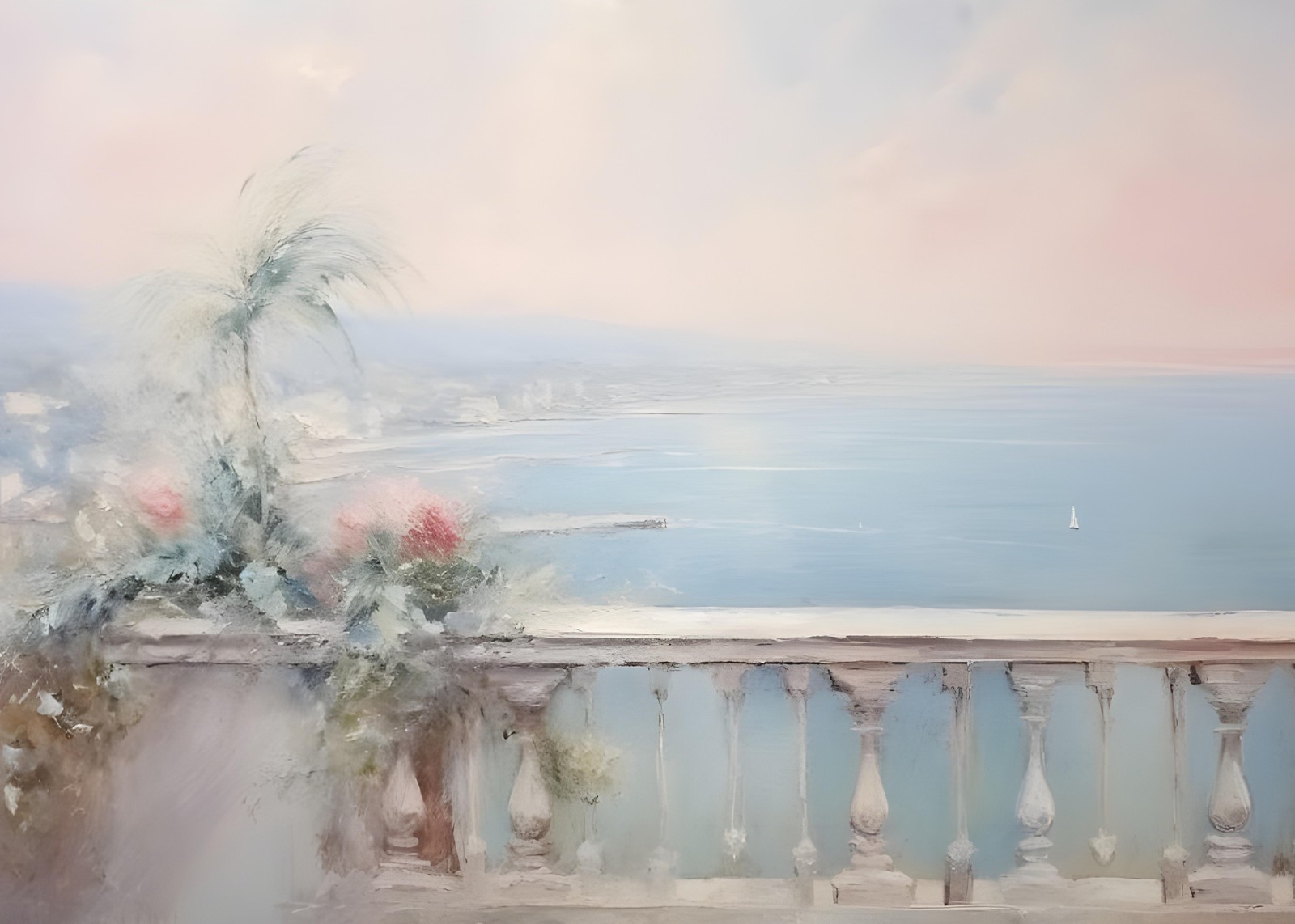 Serene Coastal Balcony Oil Painting Wall Art