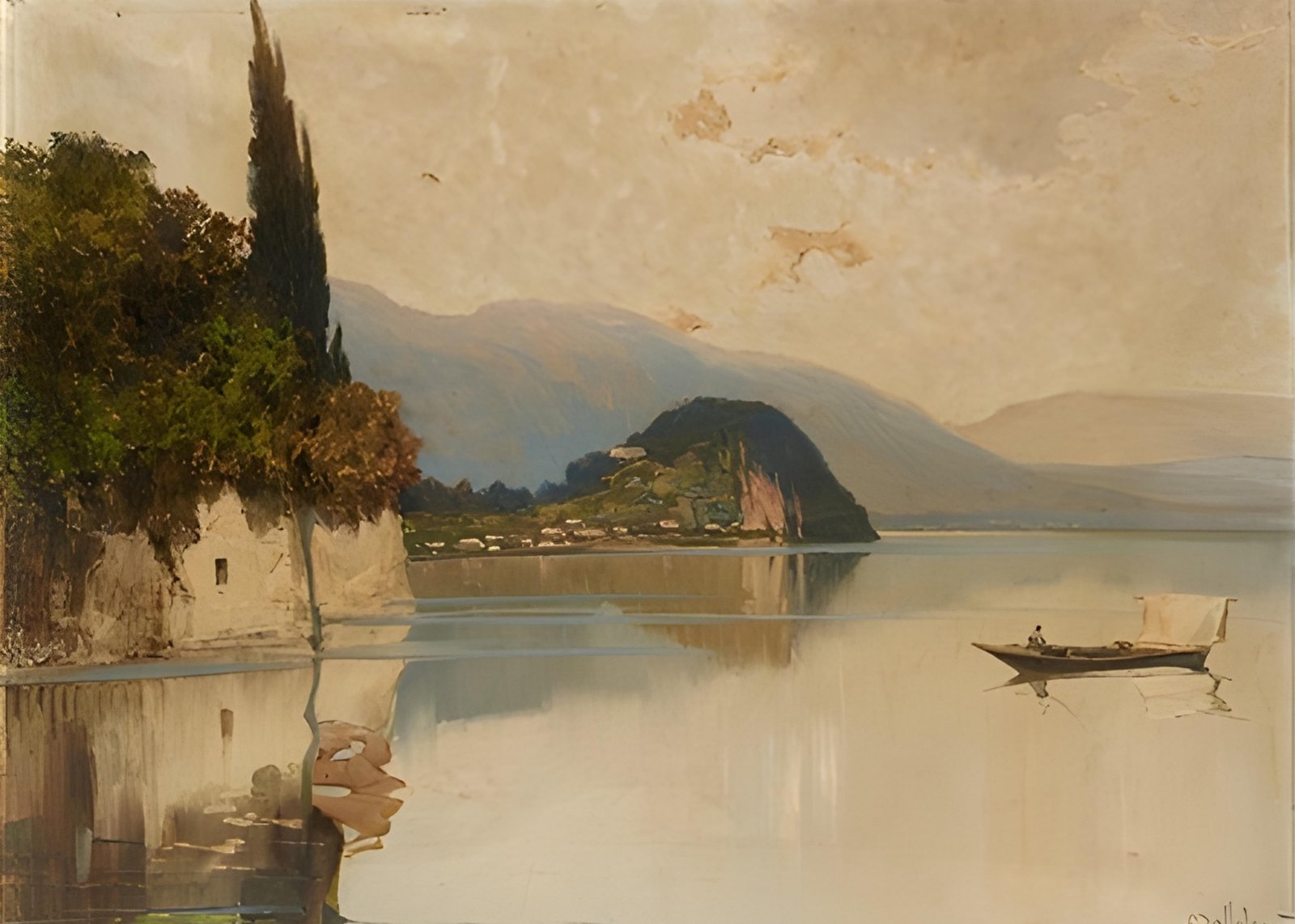 Serene Lake Landscape with Boat Wall Art