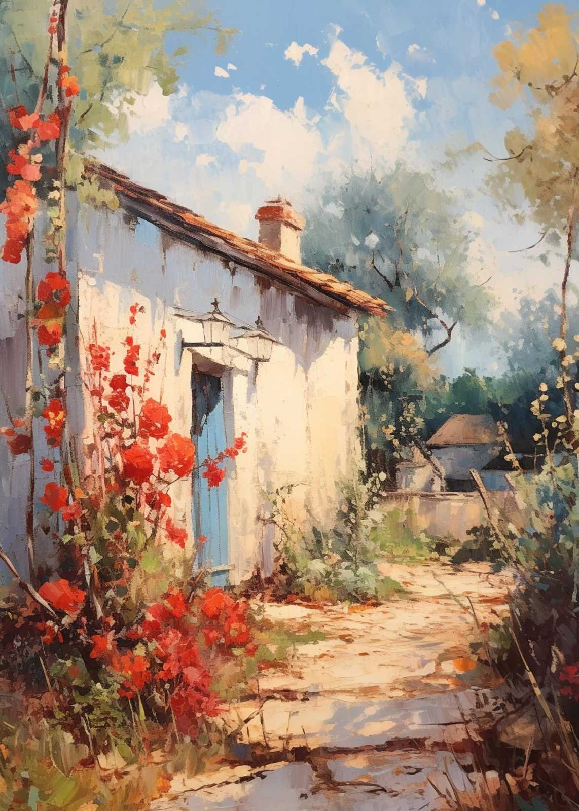 Vibrant Cottage Pathway Oil Painting Wall Art