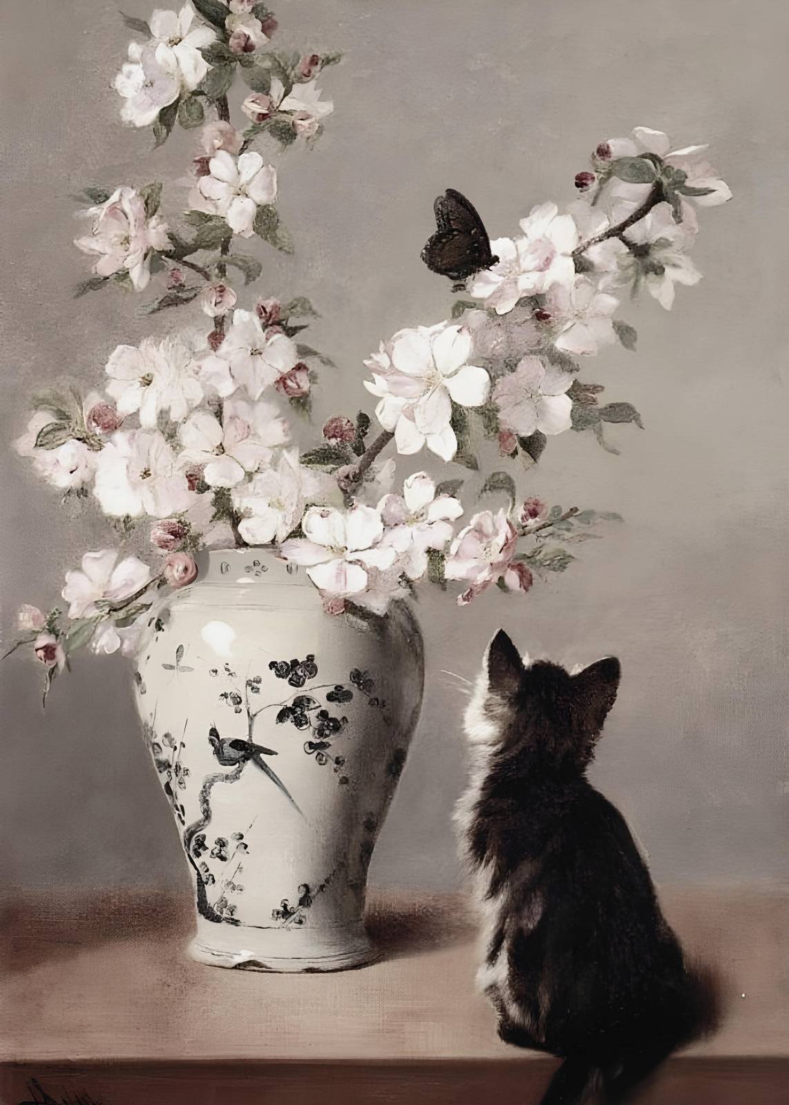 Whimsical Kitten & Blossom Butterfly Wall Art