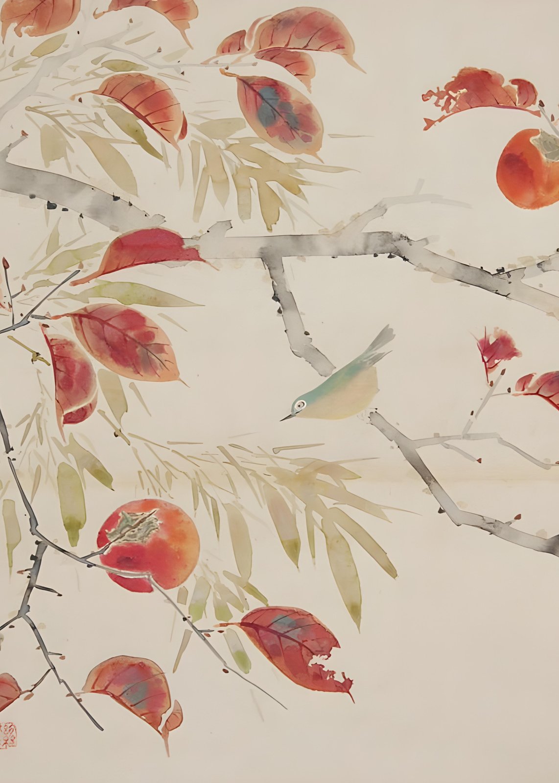 Serene Bird & Persimmon Autumn Wall Art