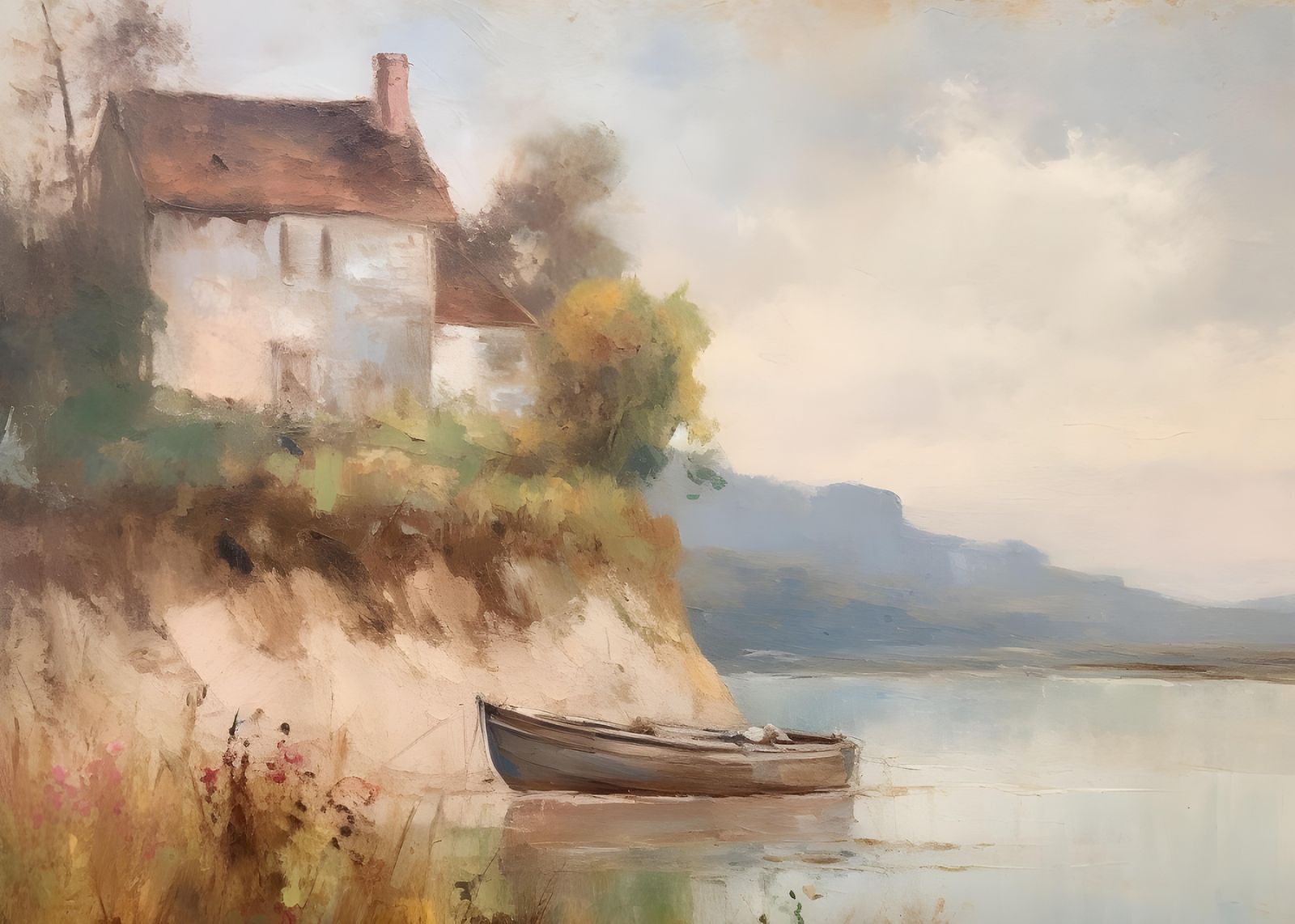 Serene Riverside Cottage & Boat Wall Art