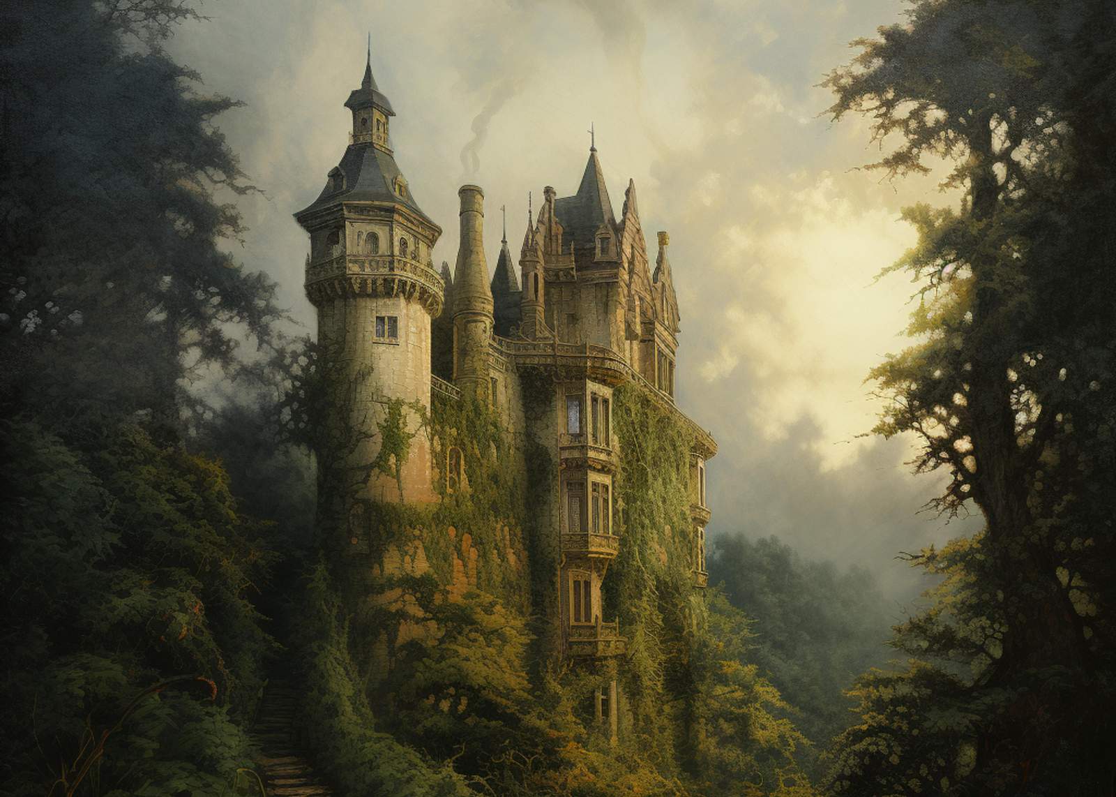 Enchanted Castle in Misty Forest Wall Art
