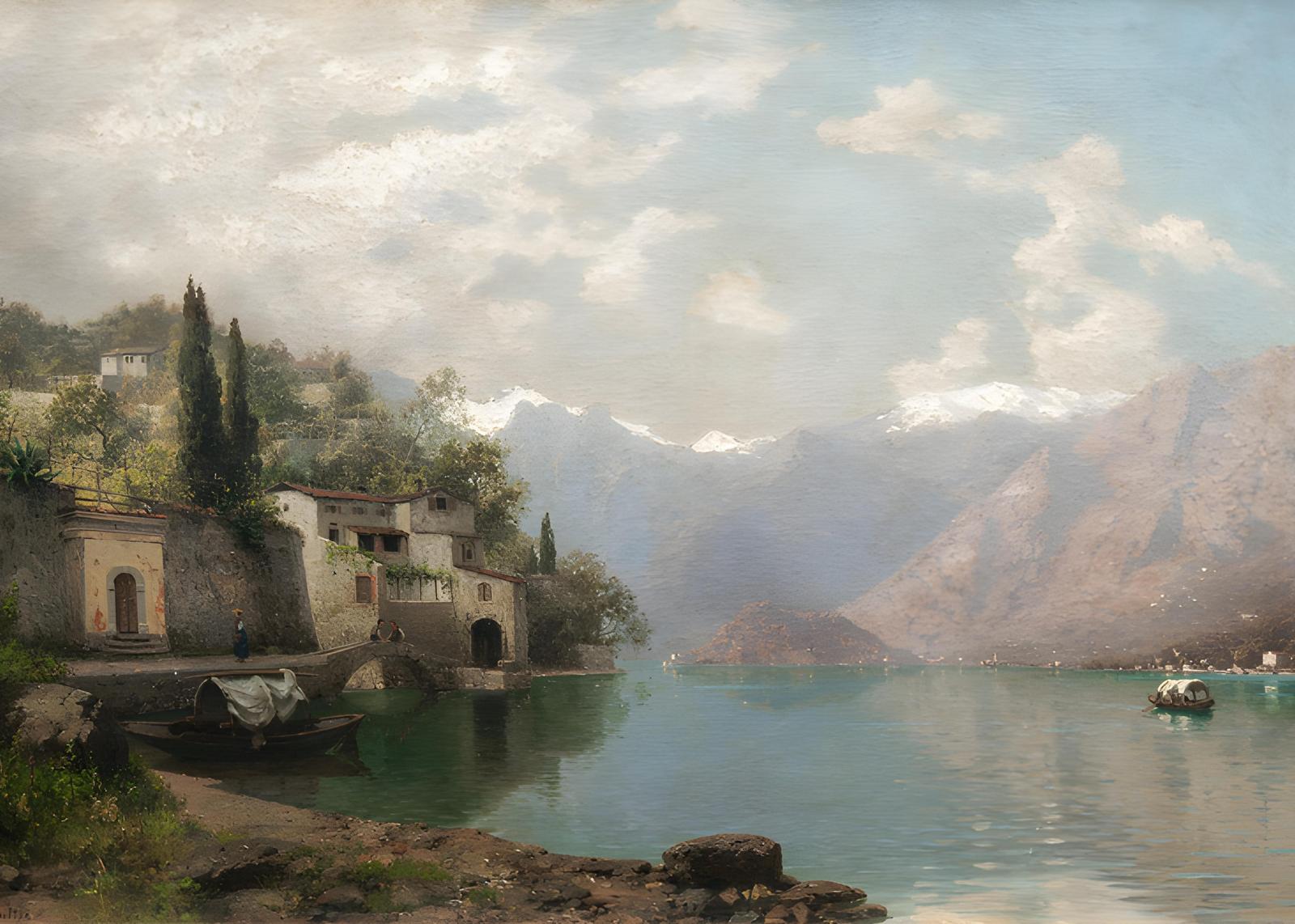 Serene Lakeside Village Landscape Wall Art