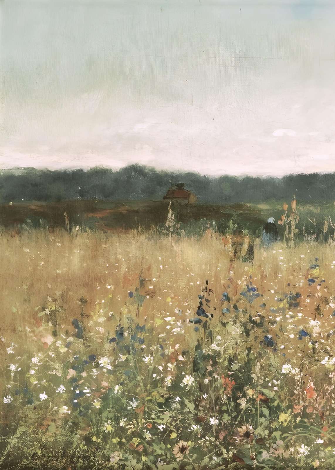 Serene Meadow Landscape Oil Painting Wall Art