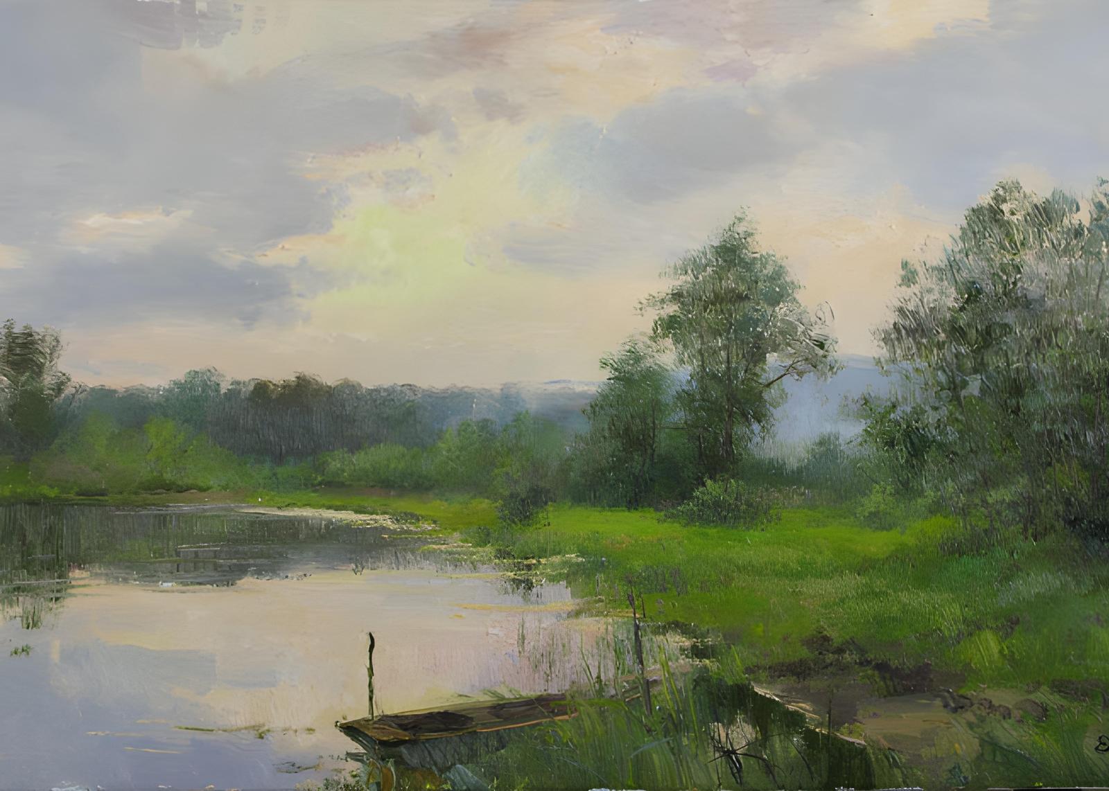Serene River Landscape Oil Painting Wall Art