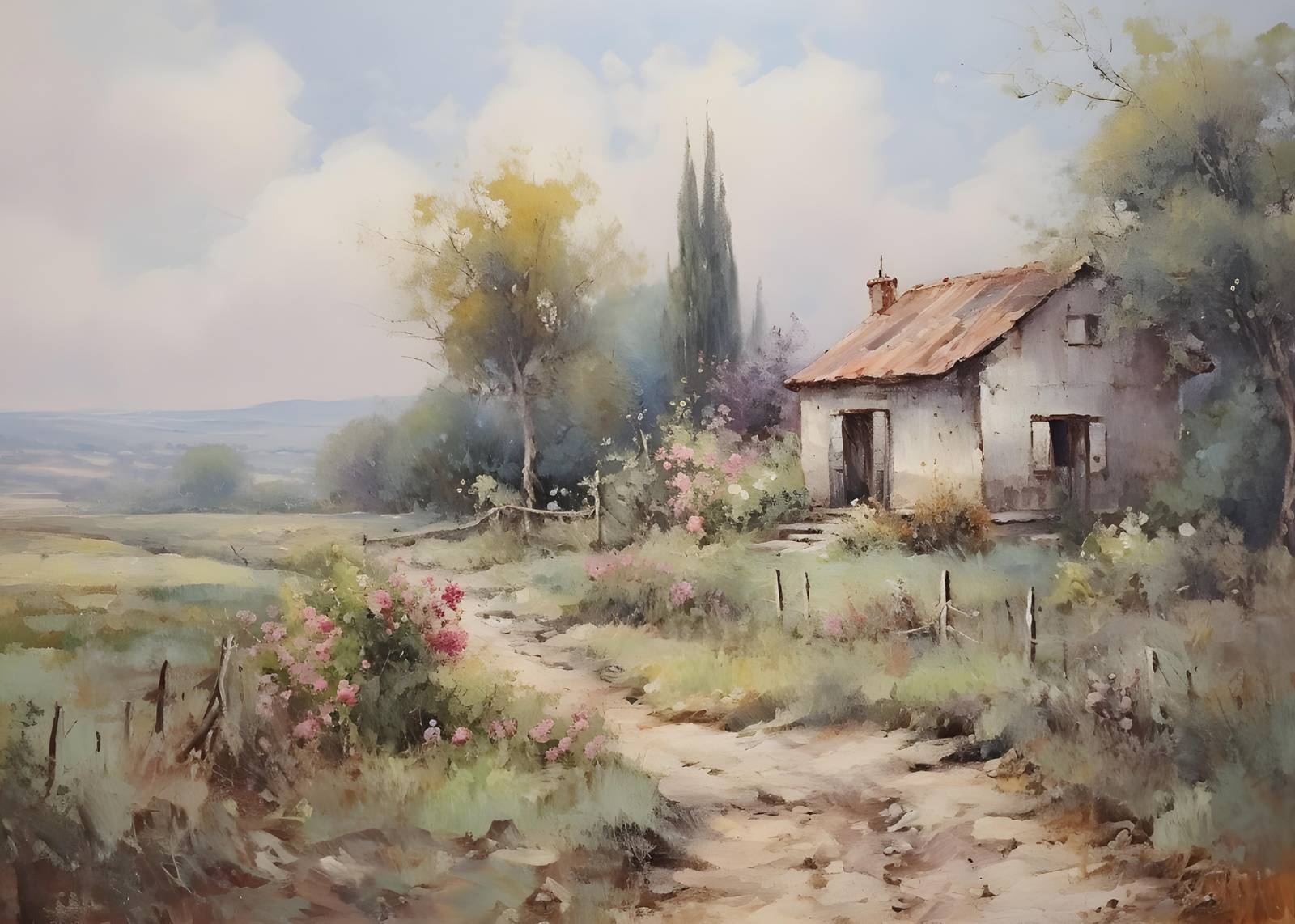 Serene Countryside Cottage Landscape Wall Art