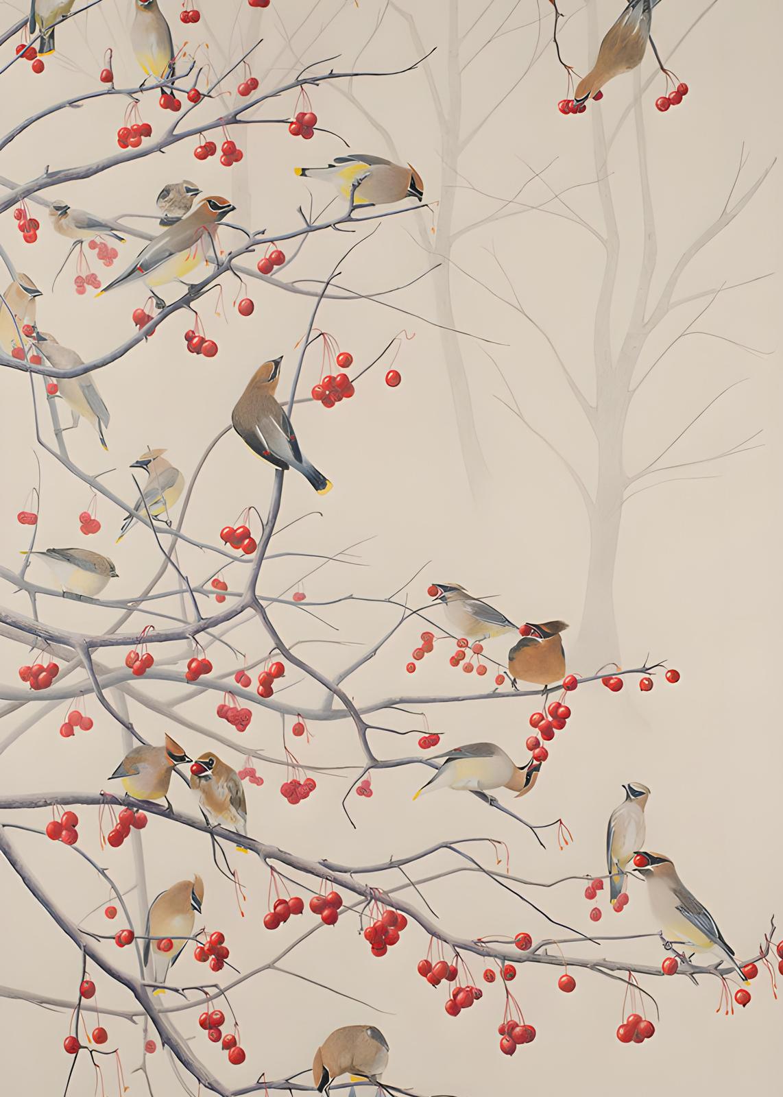 Cedar Waxwing Berry Feast Wall Art