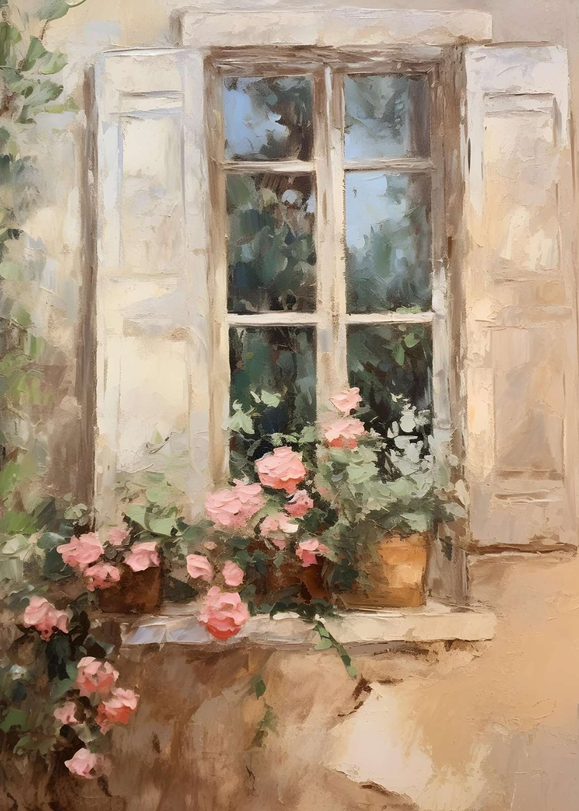 French Countryside Window Roses Wall Art