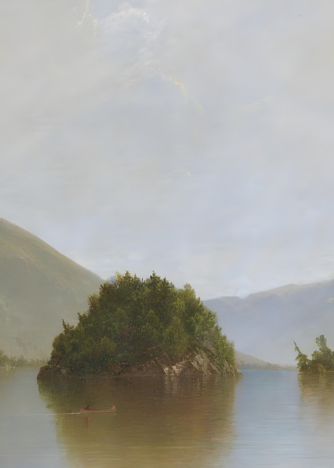 Serene Lake Island Canoe Landscape Wall Art