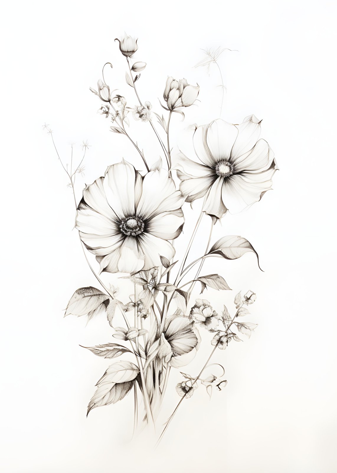 Botanical Pencil Sketch Floral Wall Art