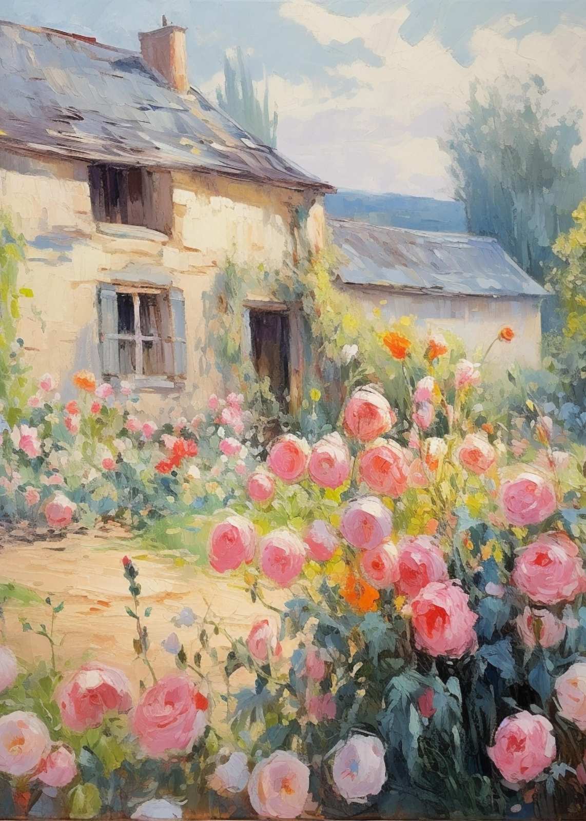 Romantic Rose Garden Cottage Oil Painting Wall Art