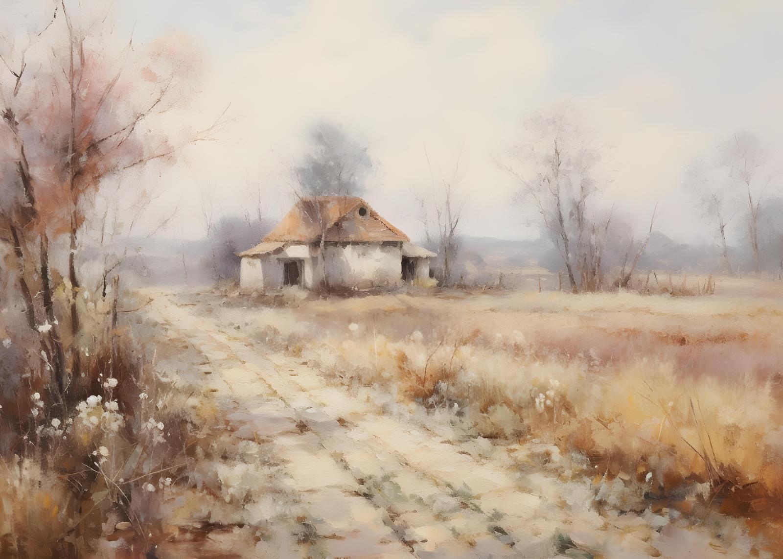 Serene Winter Cottage Landscape Wall Art