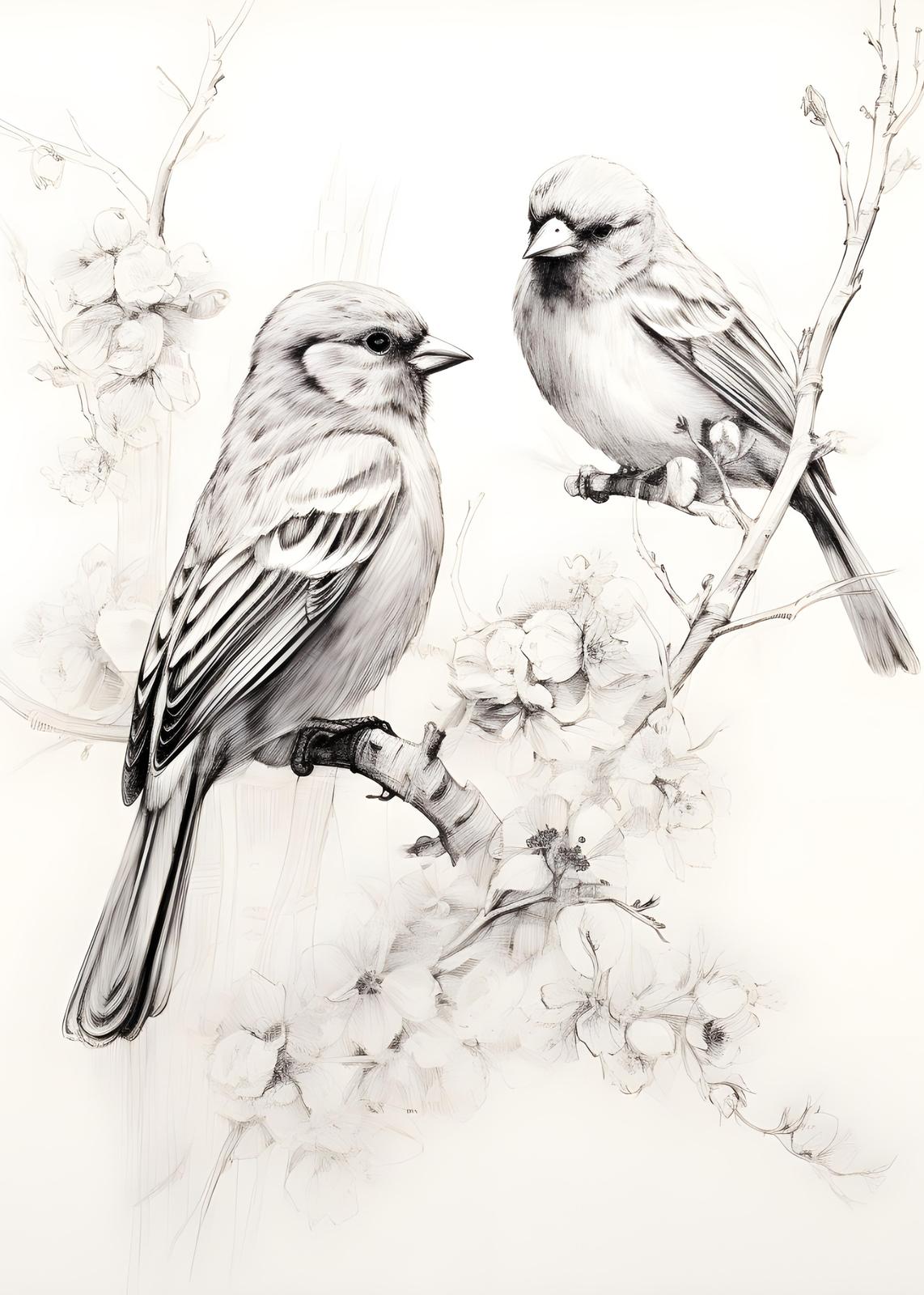 Elegant Bird & Blossom Sketch Wall Art