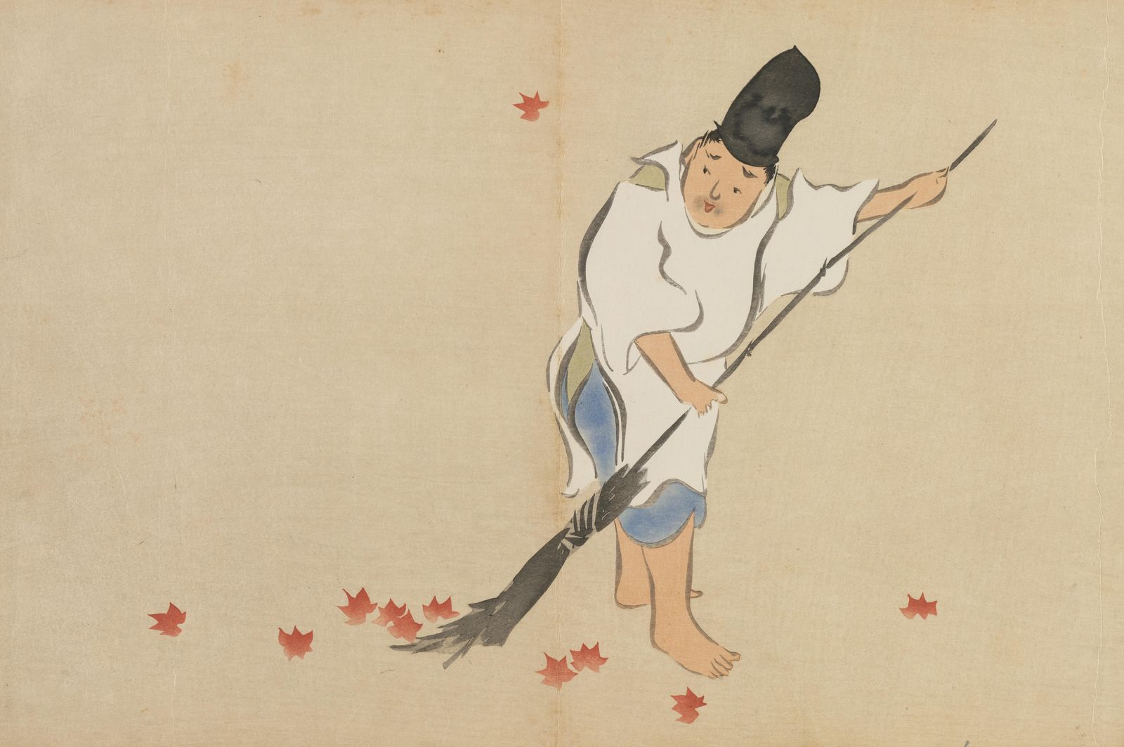 Japanese Man Sweeping Autumn Leaves Wall Art