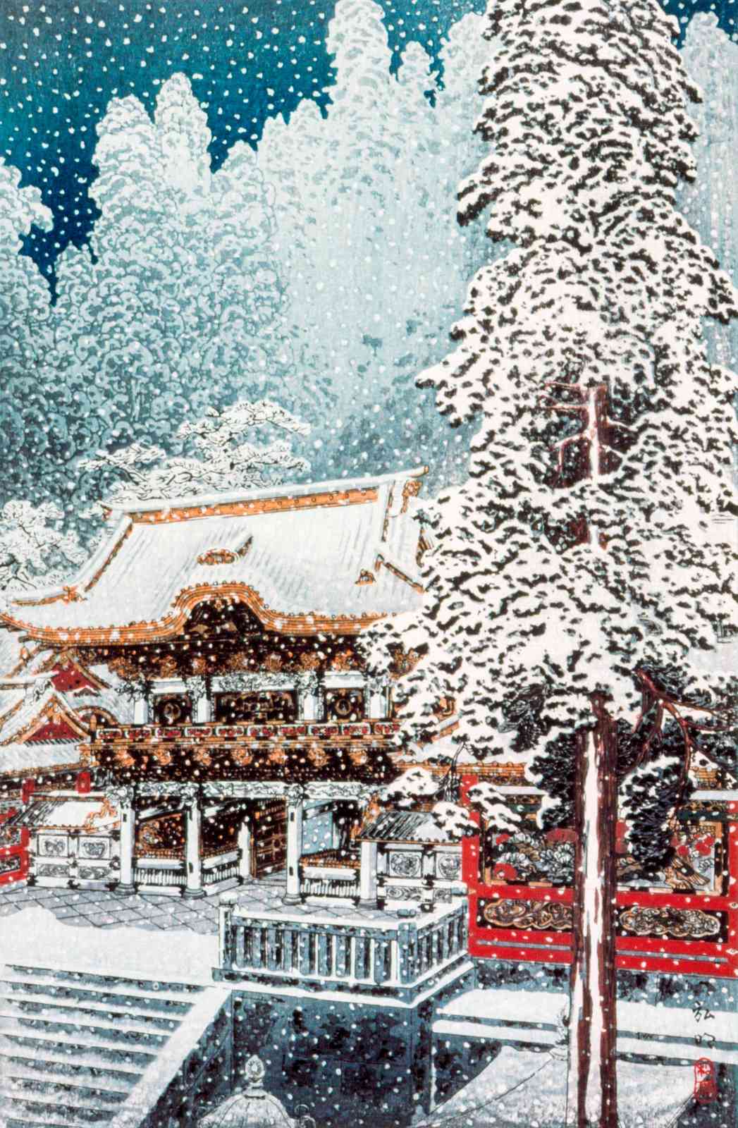 Serene Winter Shrine Japanese Woodblock Wall Art