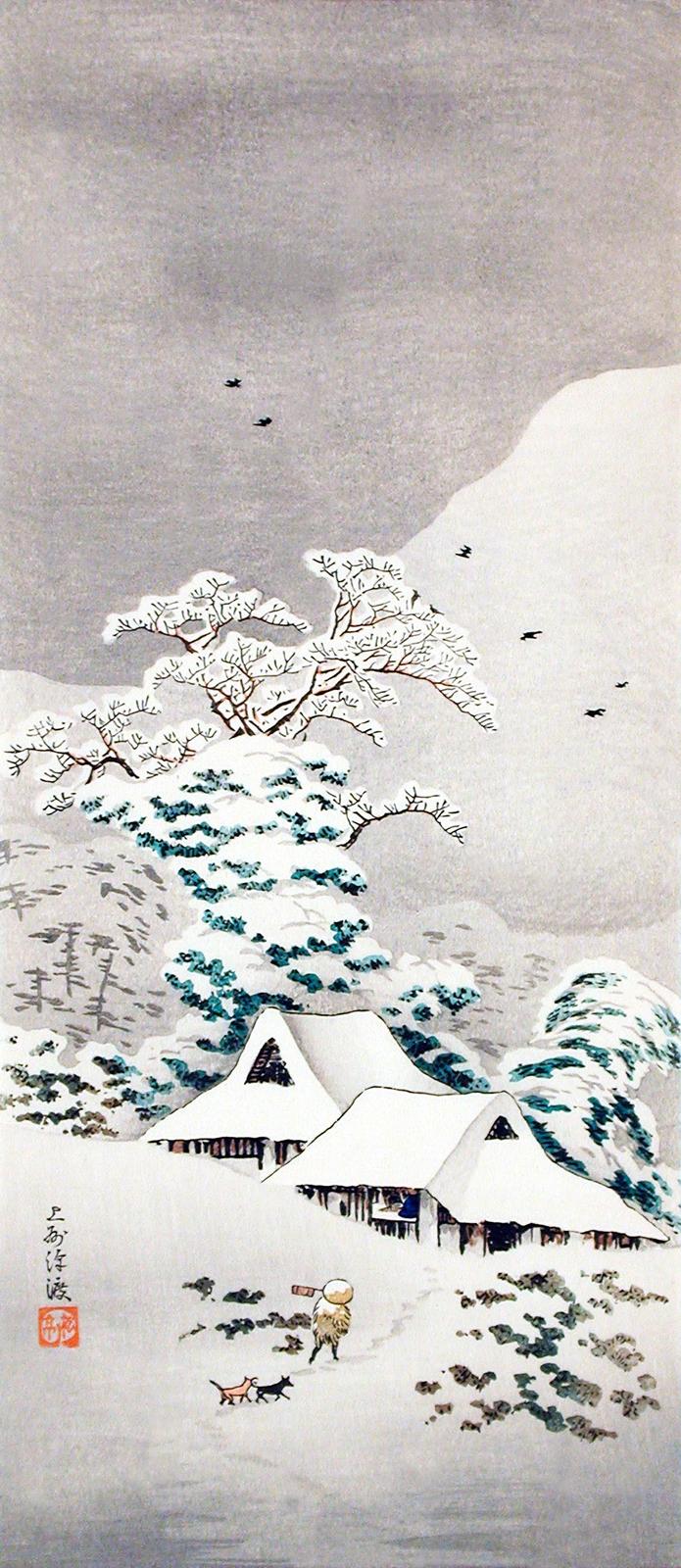 Serene Winter Village Japanese Woodblock Wall Art