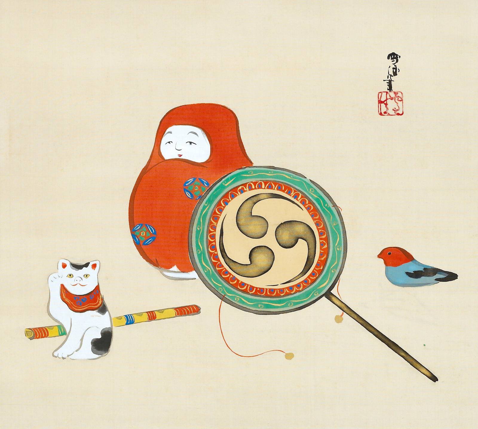 Japanese Lucky Charm Daruma Cat Bird Wall Art