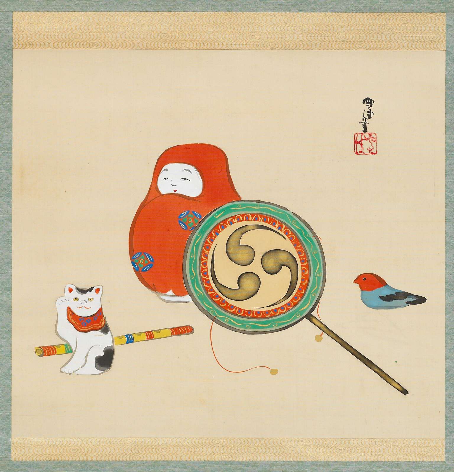 Daruma Lucky Cat Bird Japanese Art Wall Art