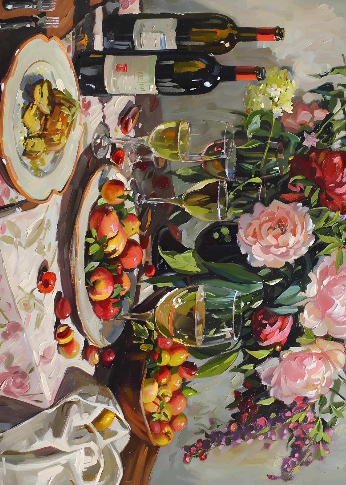 Elegant Wine & Roses Still Life Wall Art