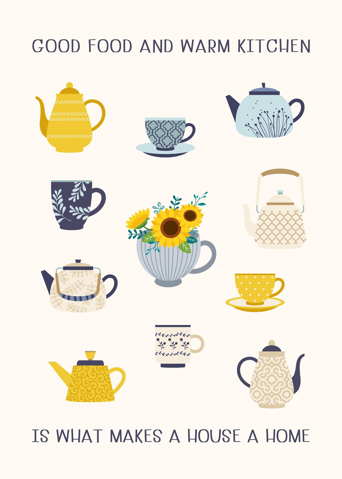 Cozy Kitchen Teapots & Sunflowers Wall Art