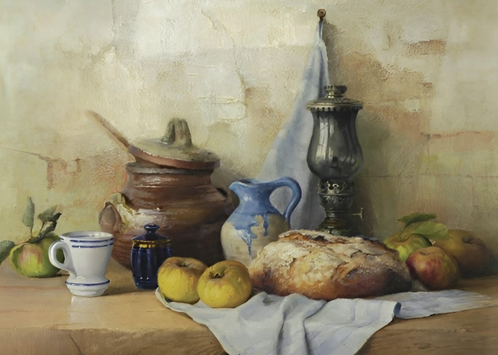 Rustic Still Life Bread Apples Oil Painting Wall Art