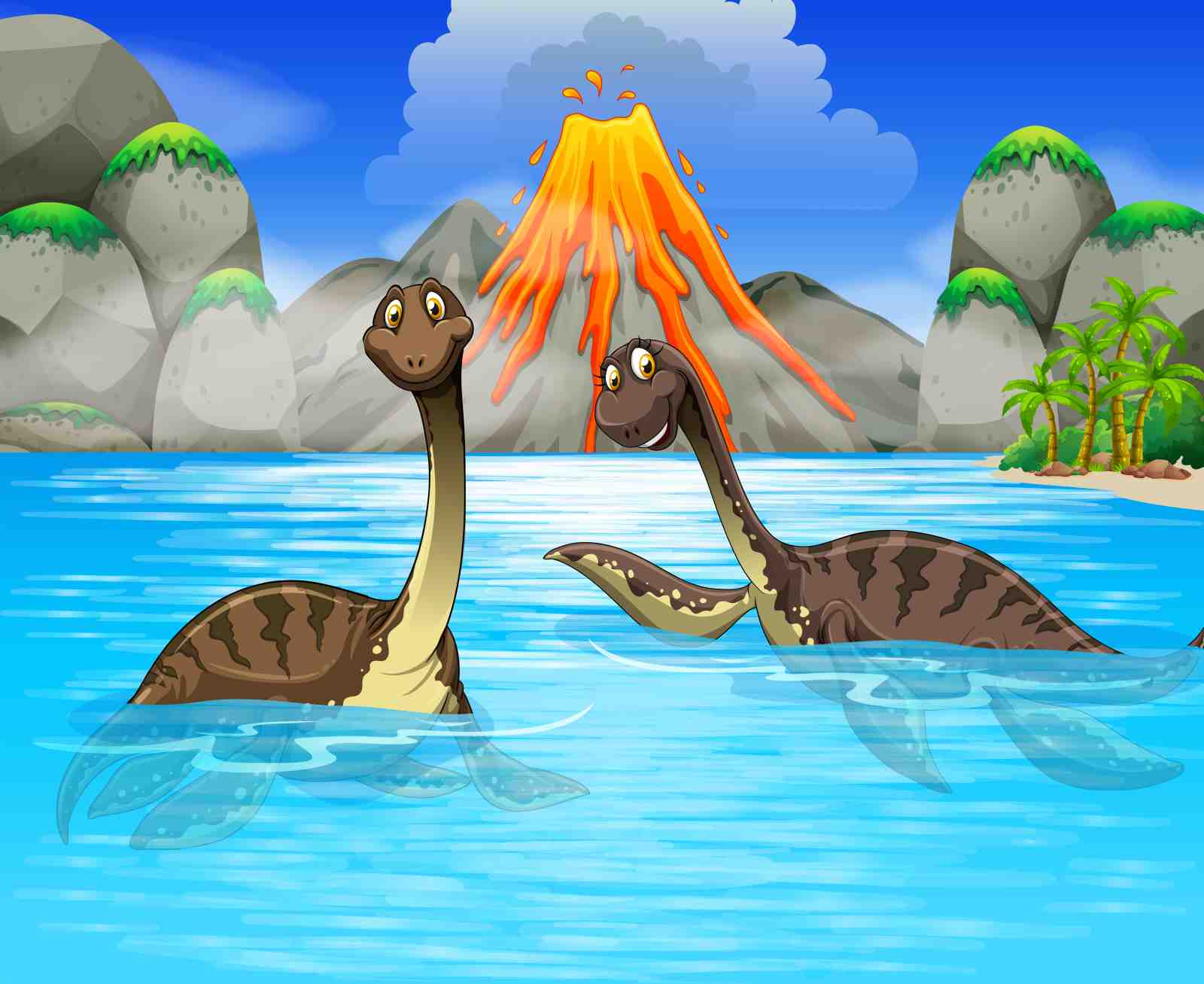 Playful Dinosaurs Volcano Ocean Wall Art