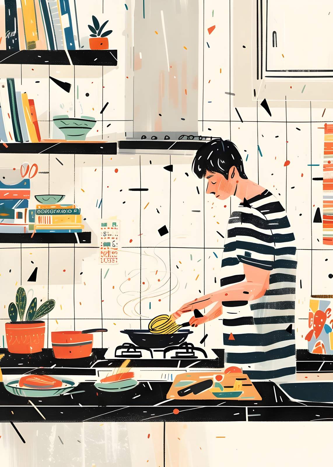 Cozy Kitchen Scene Striped Shirt Wall Art
