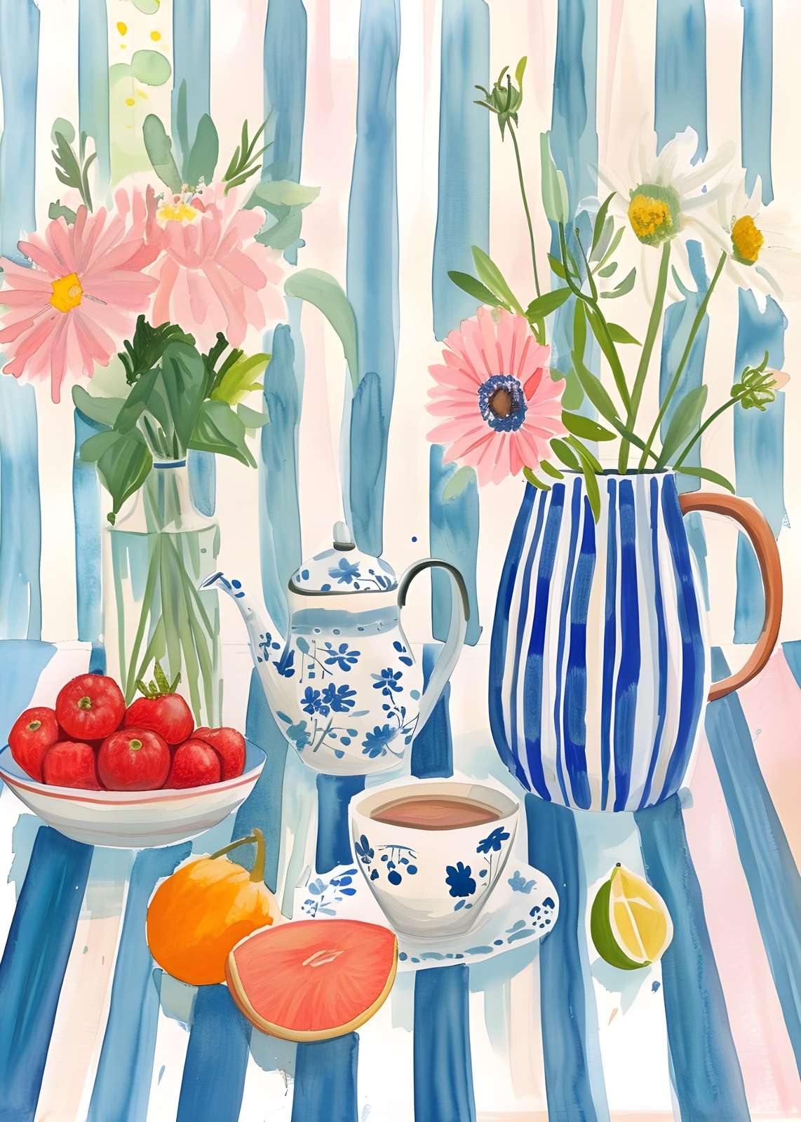 Charming Still Life Floral Tea Time Wall Art