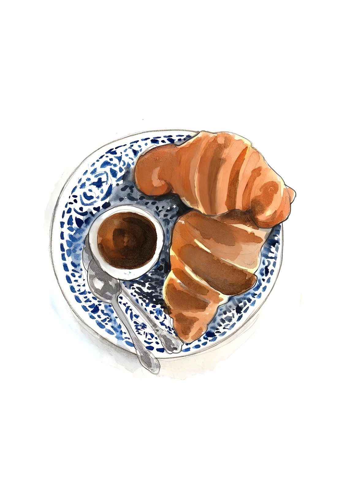 Cozy Croissant Breakfast Watercolor Wall Art