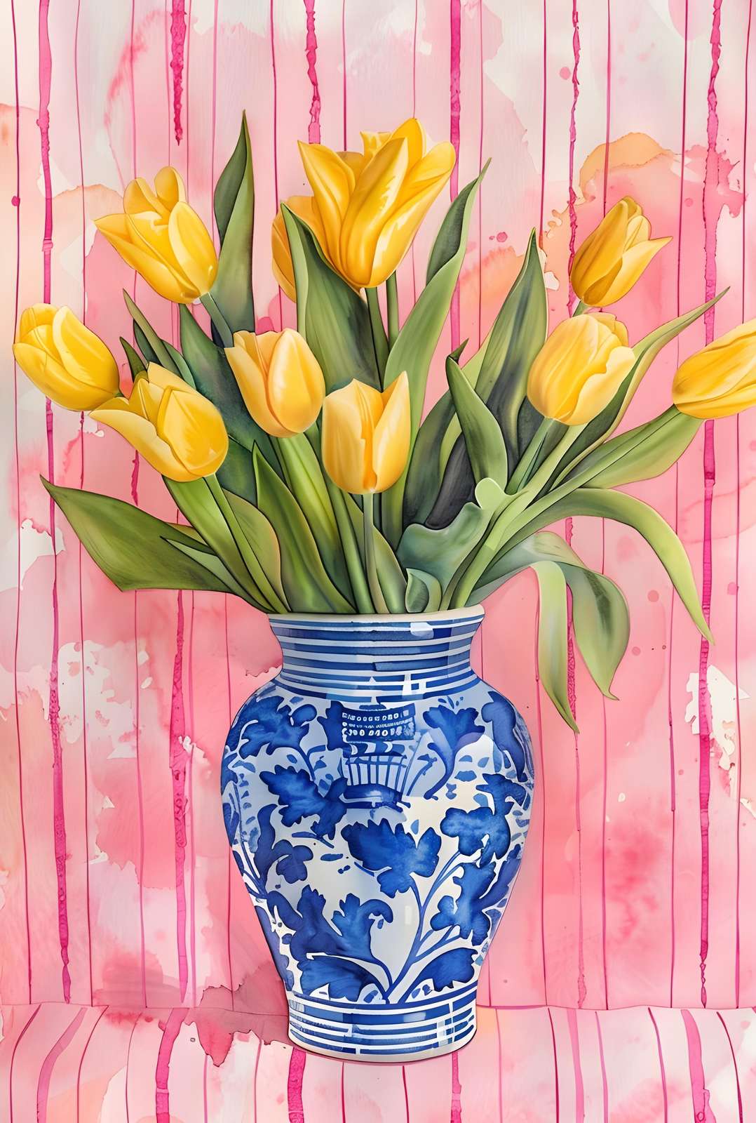 Vibrant Yellow Tulips in Blue Vase Wall Art