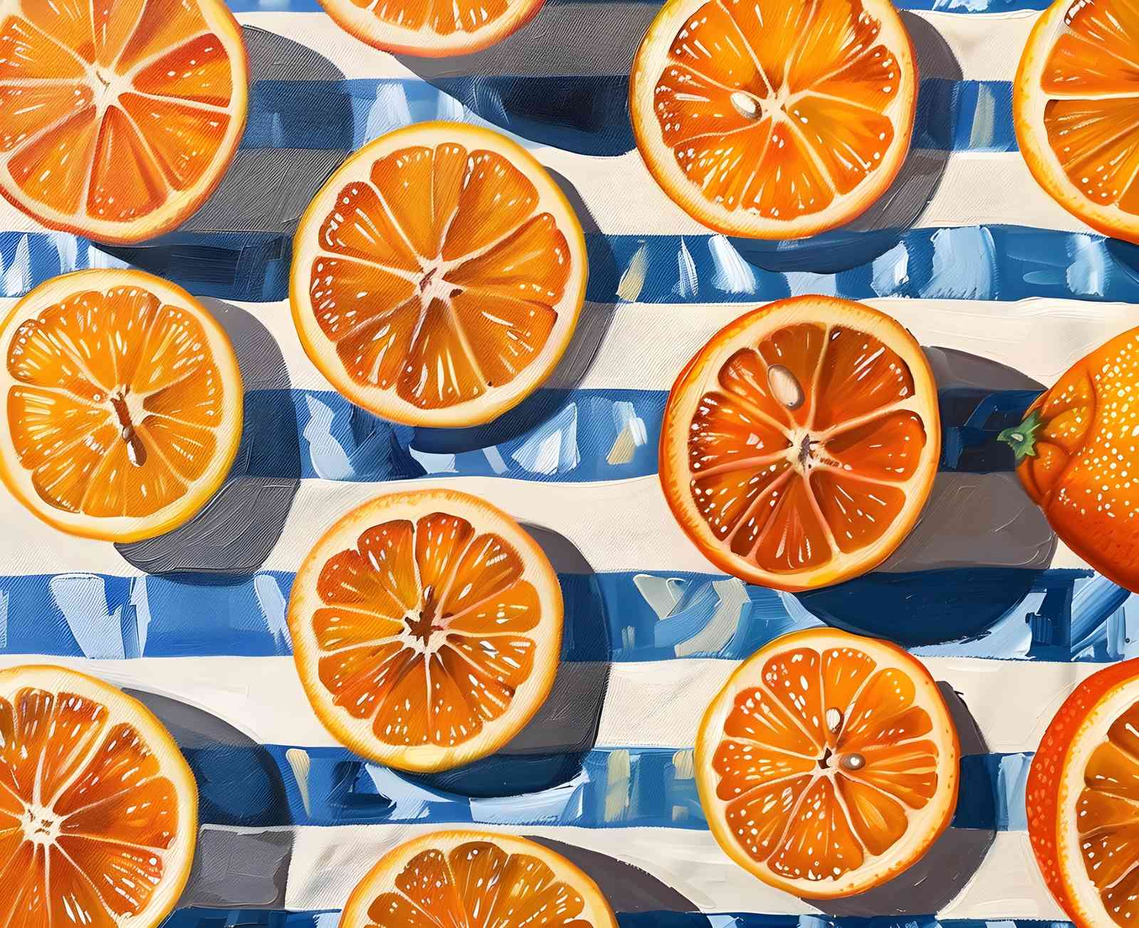 Vibrant Orange Slices on Blue Stripes Wall Art