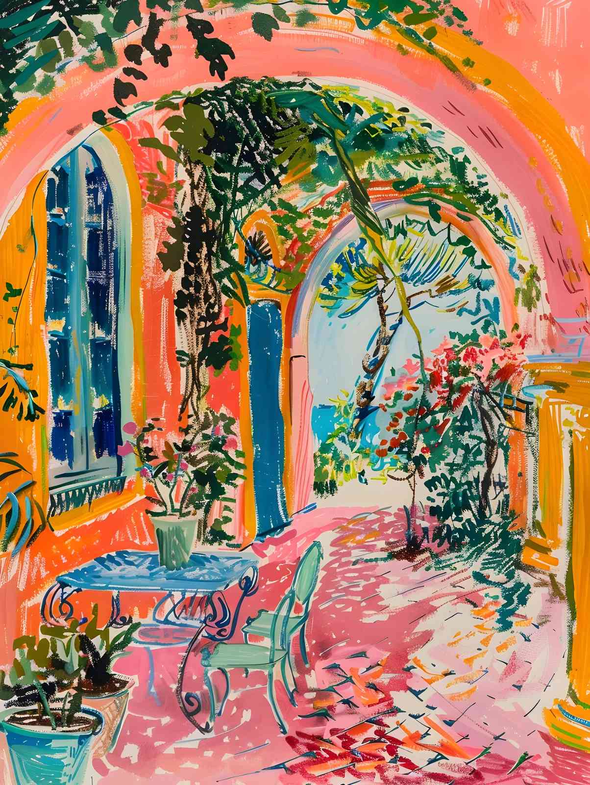 Vibrant Courtyard Painting - European Summer Wall Art