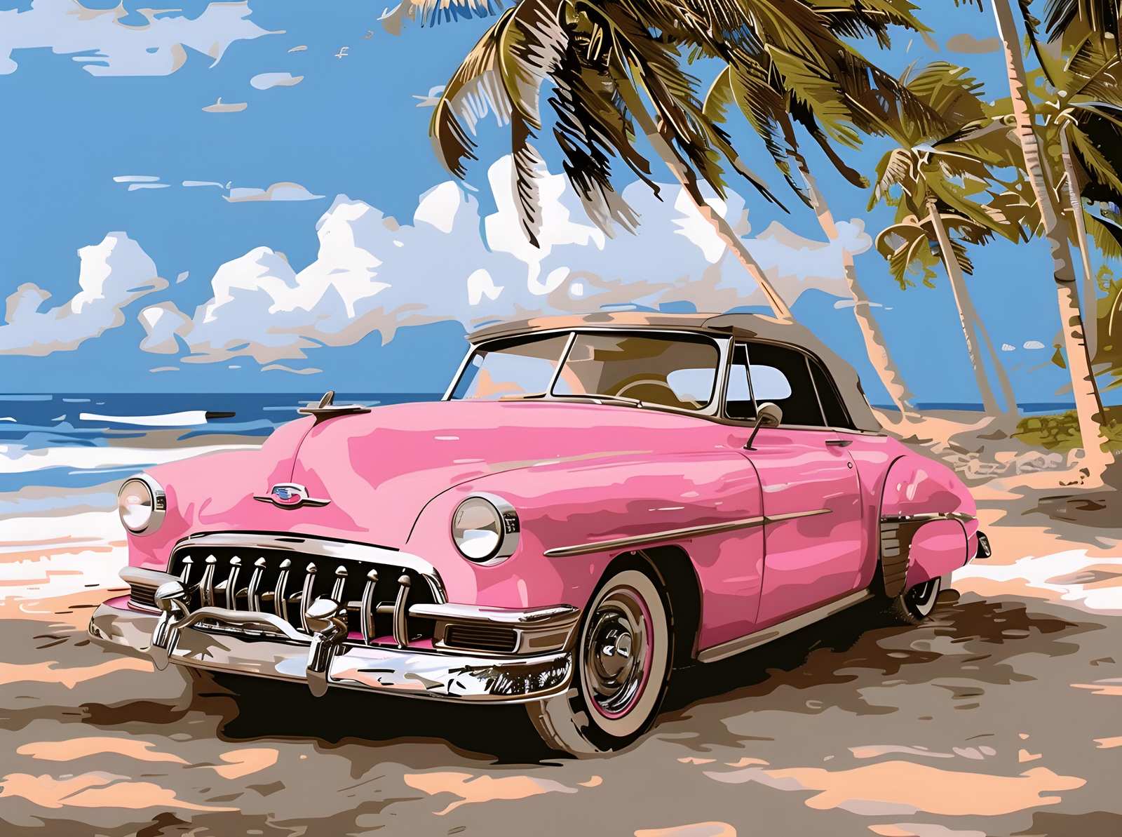 Retro Pink Convertible Beach Scene Wall Art