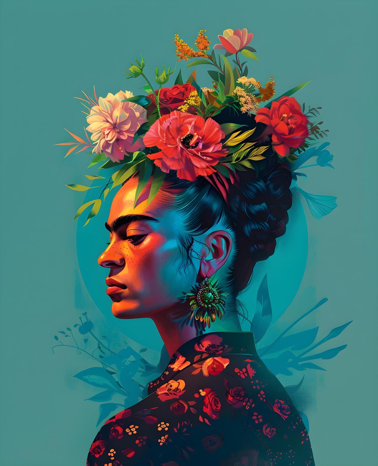 Vibrant Frida Kahlo Floral Crown Wall Art
