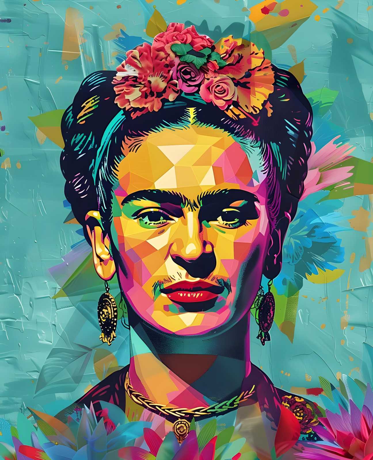 Vibrant Frida Kahlo Geometric Portrait Wall Art