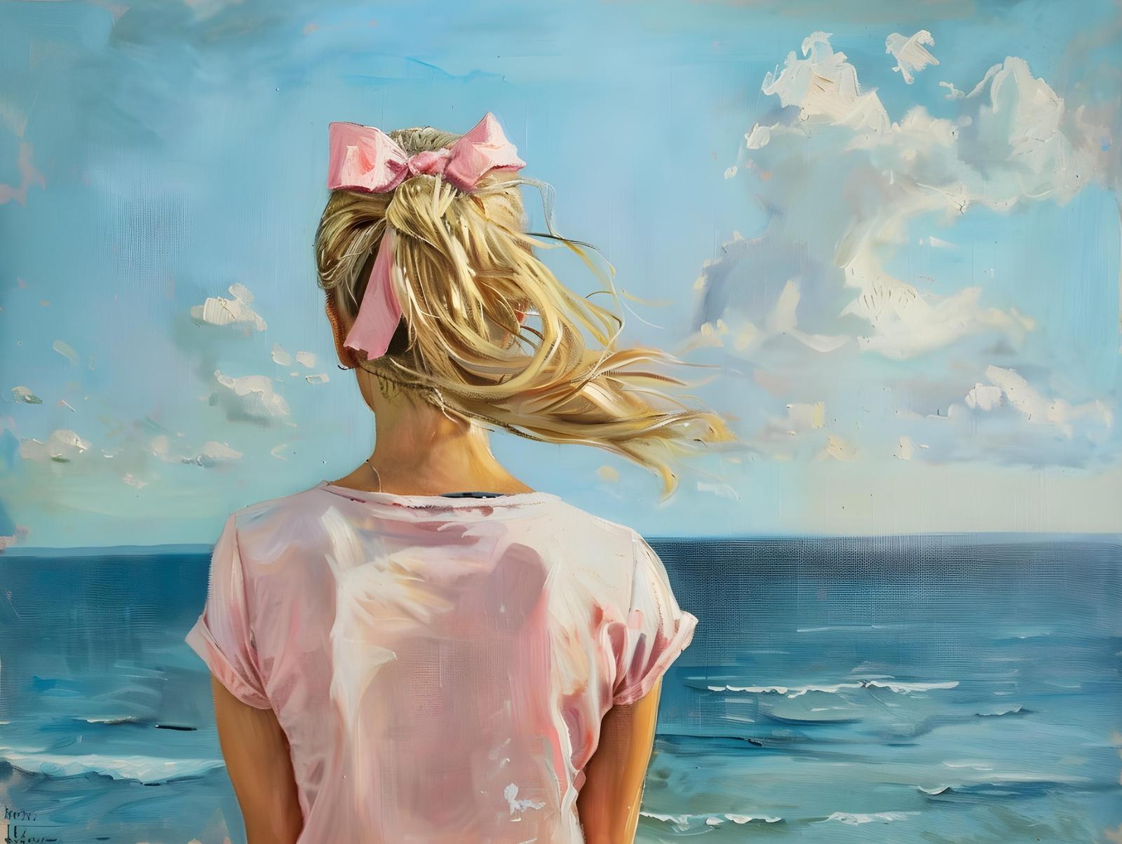 Serene Beach Girl with Pink Bow Wall Art