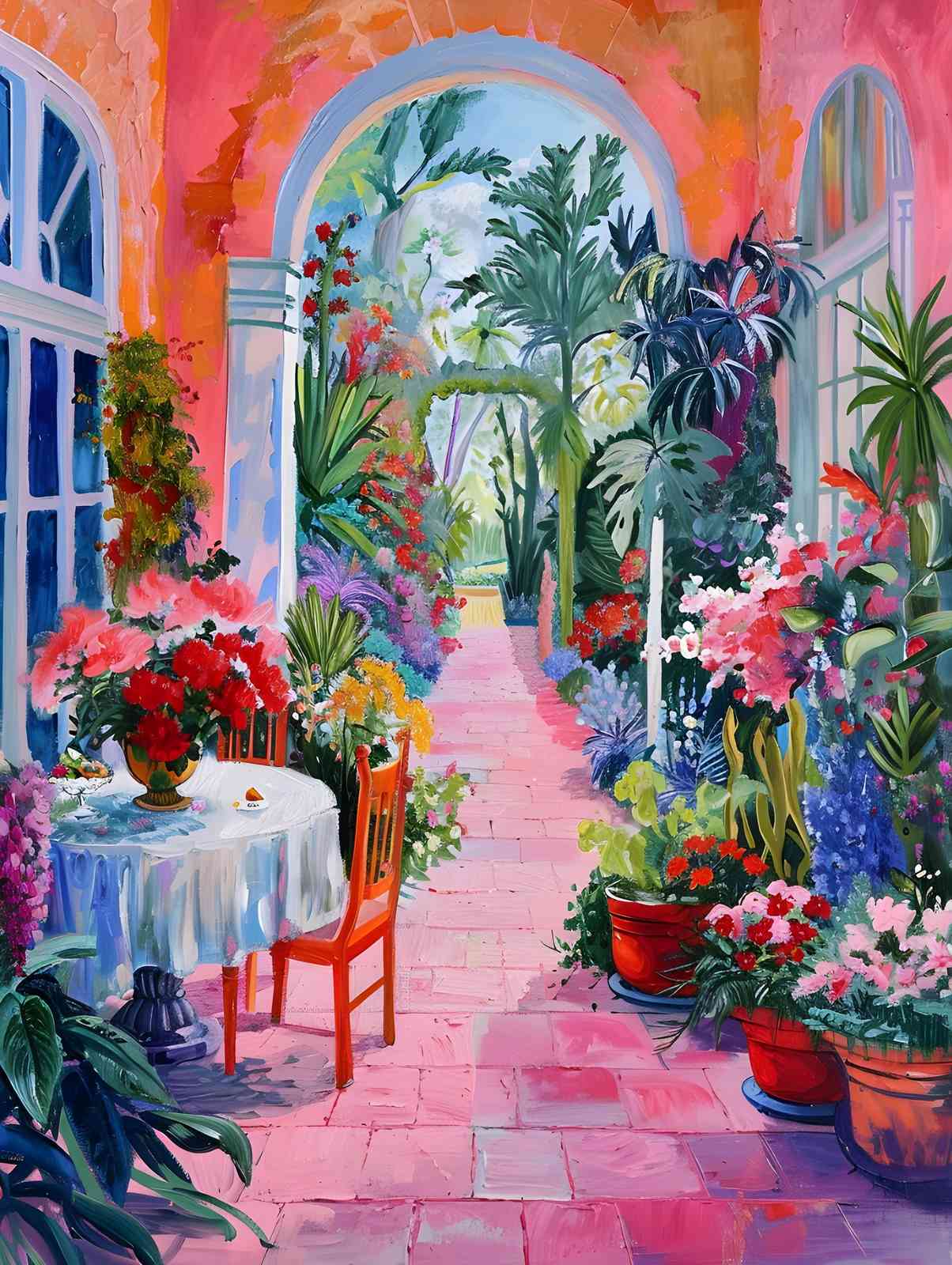 Vibrant Garden Terrace Oil Painting Wall Art