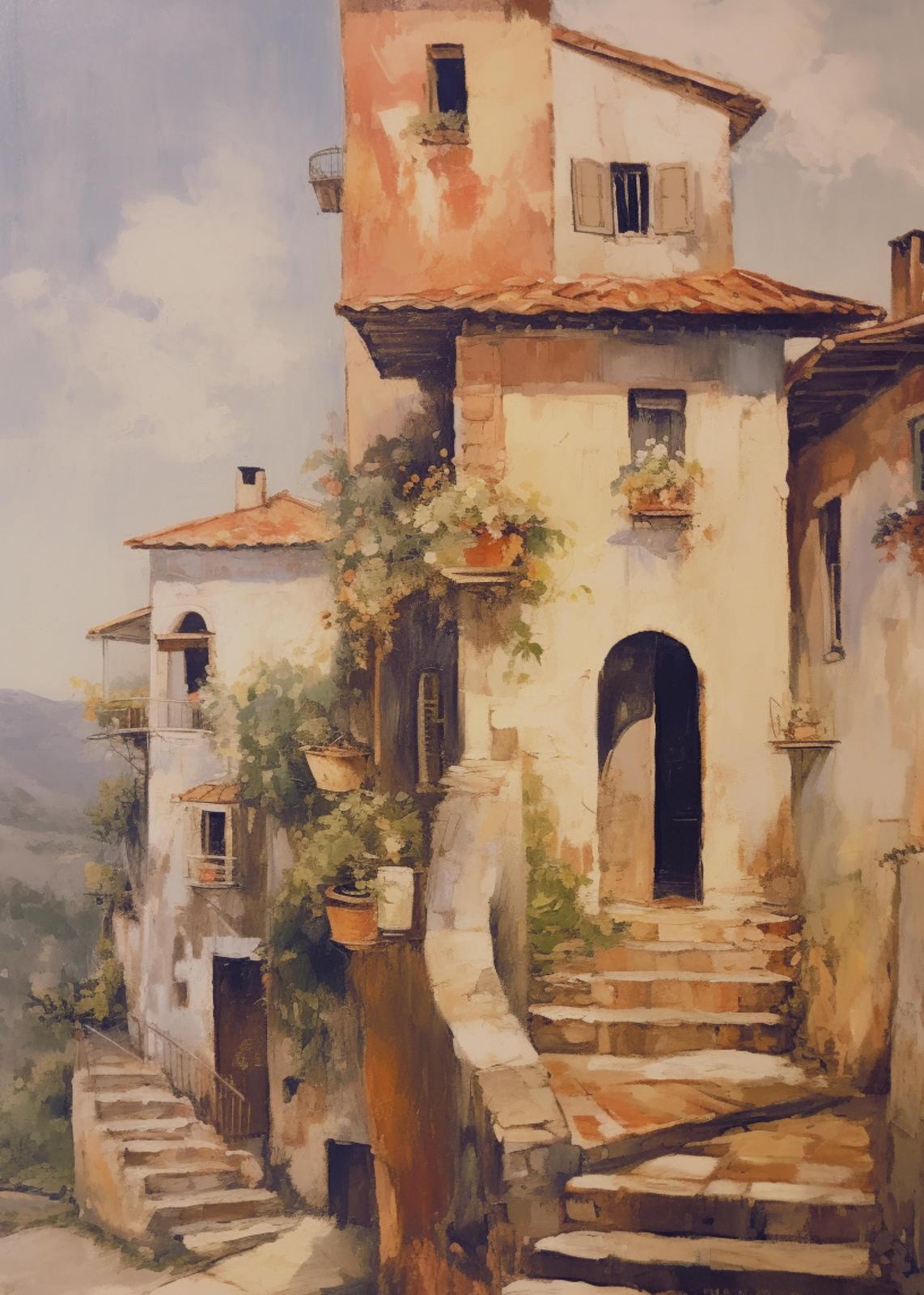 Charming Italian Village Street Scene Wall Art
