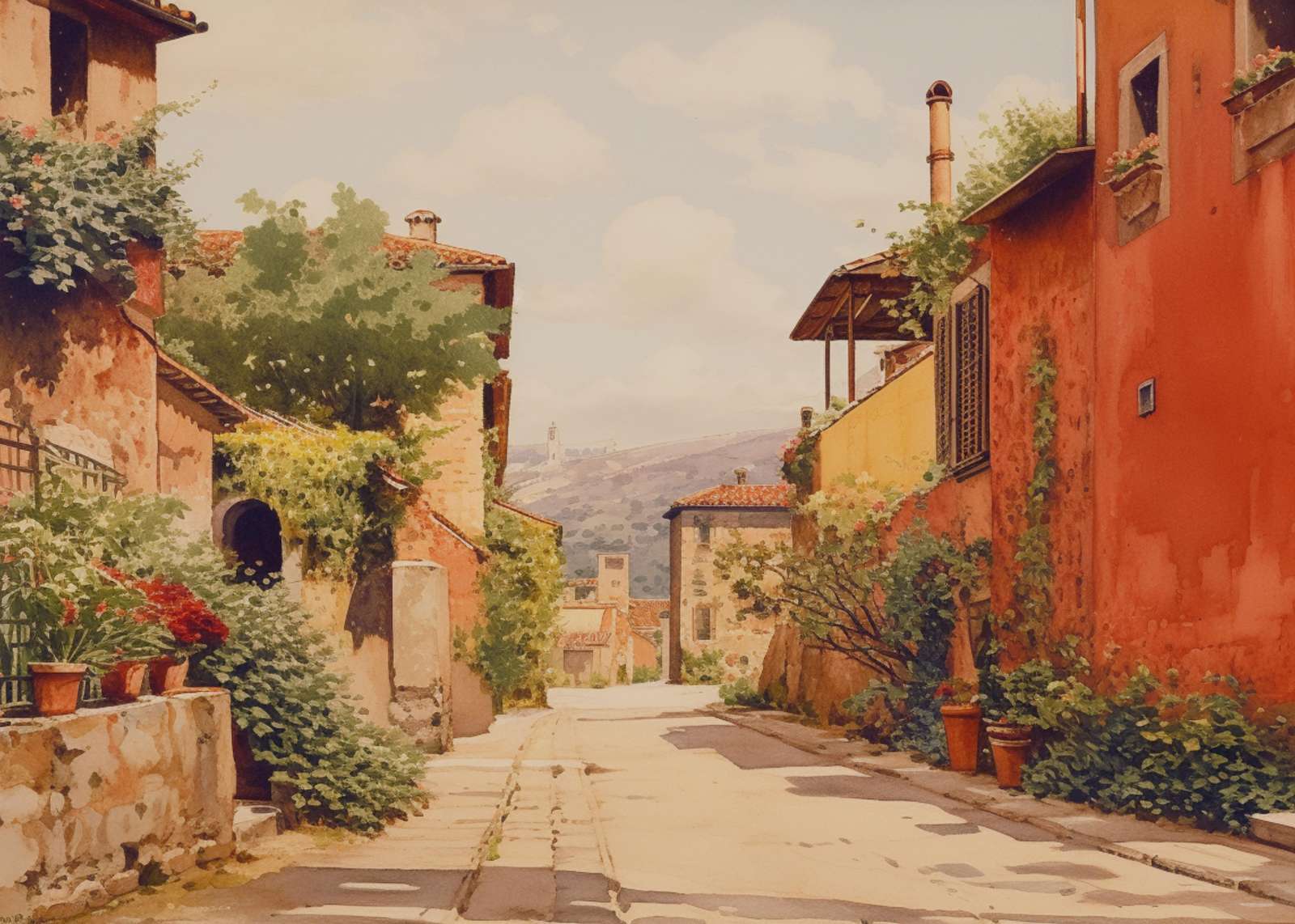 Italian Village Street Landscape Watercolor Wall Art