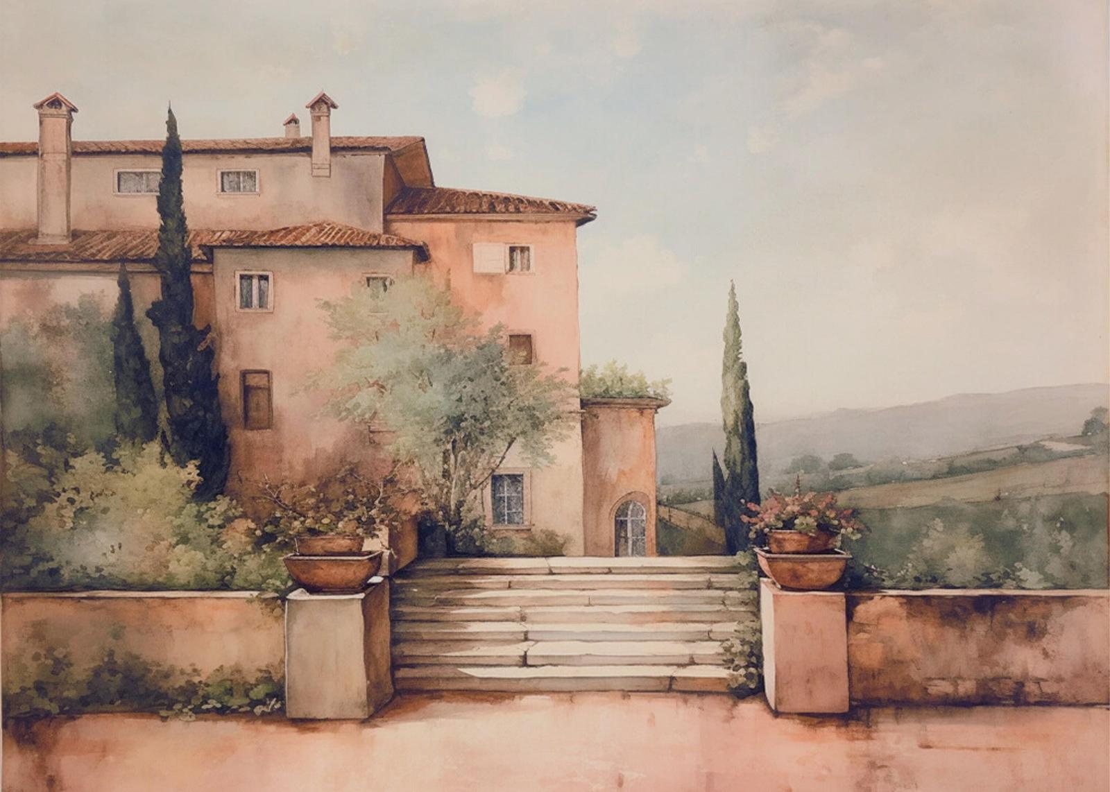 Tuscan Villa Landscape Watercolor Wall Art