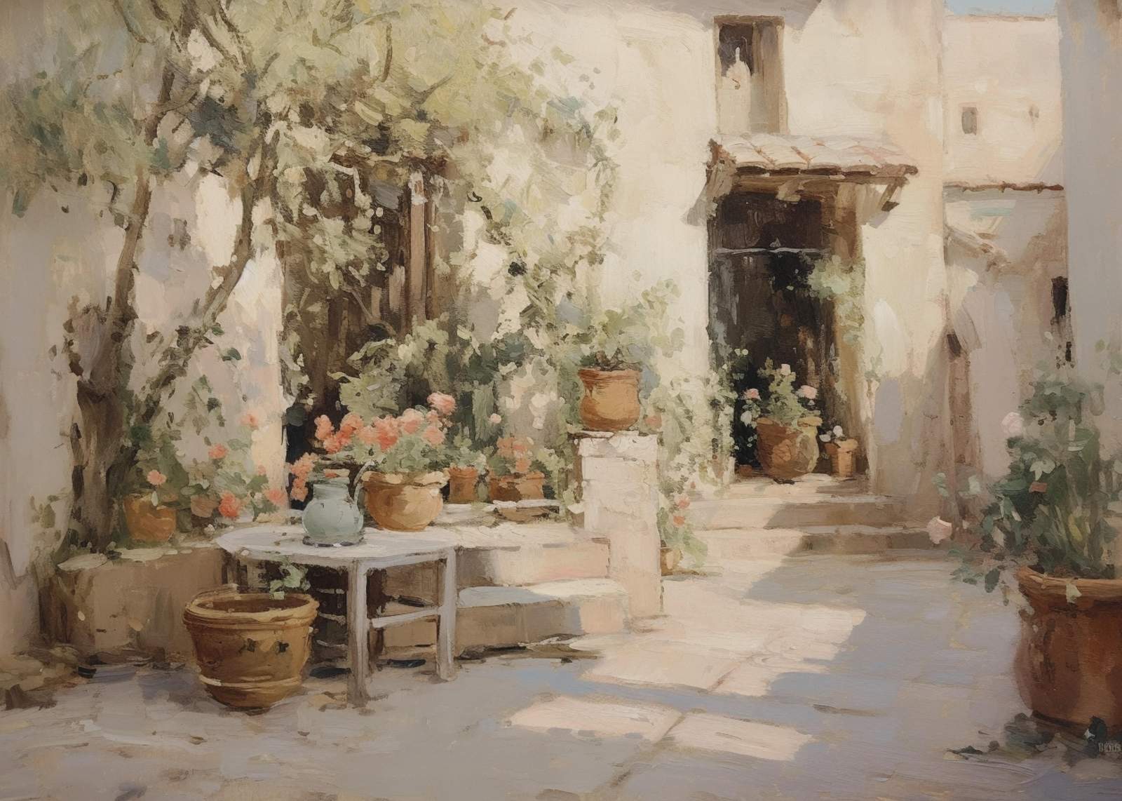 Serene Courtyard Floral Painting Wall Art