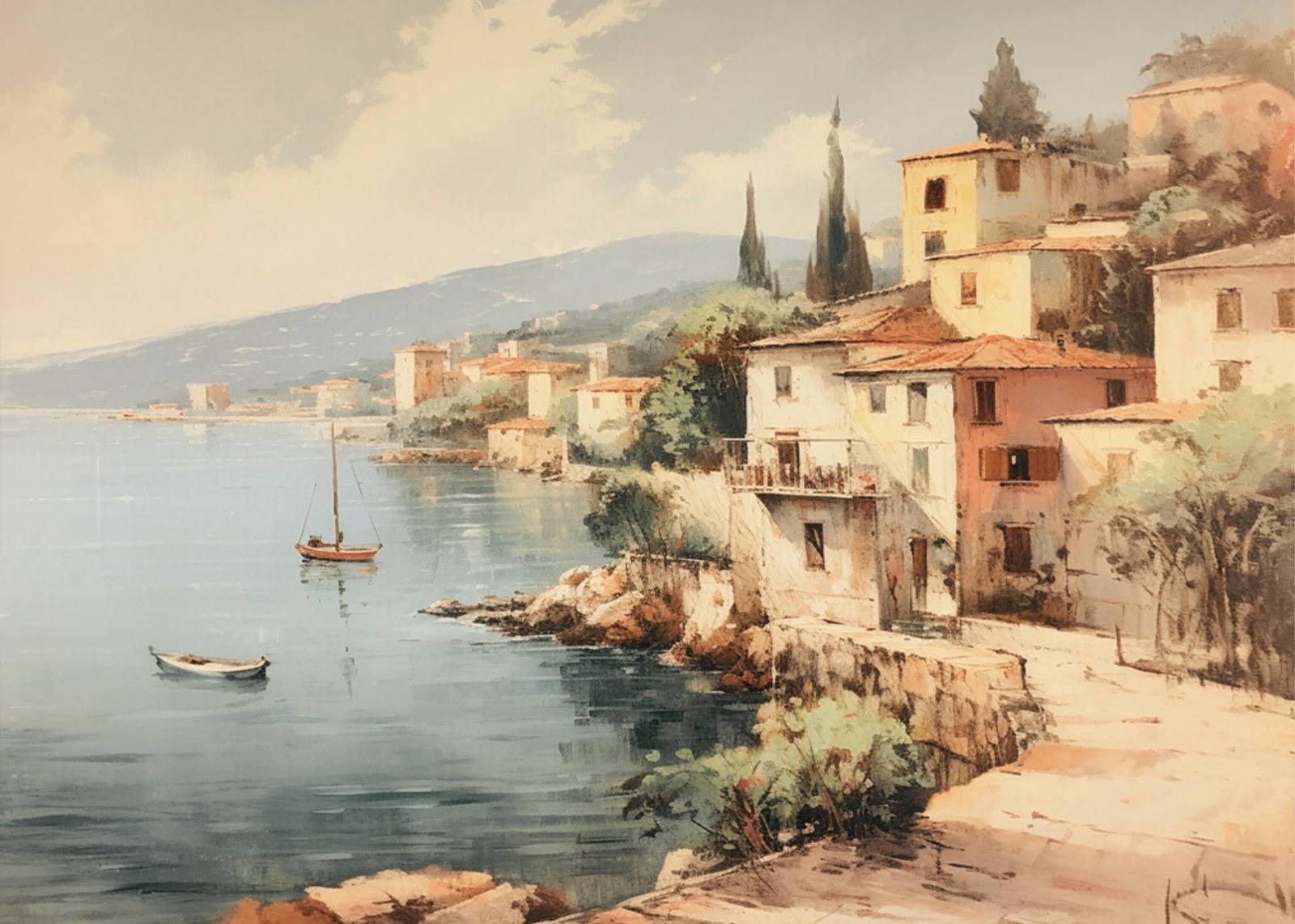 Serene Coastal Village Landscape Wall Art