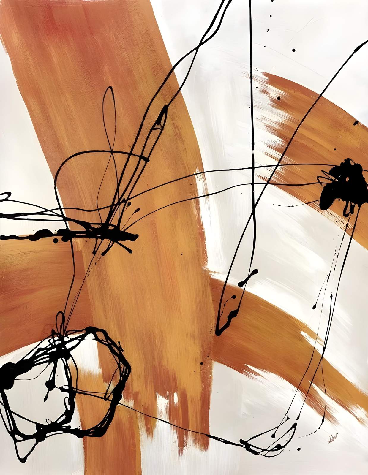 Bold Abstract Ochre & Black Swirl Wall Art