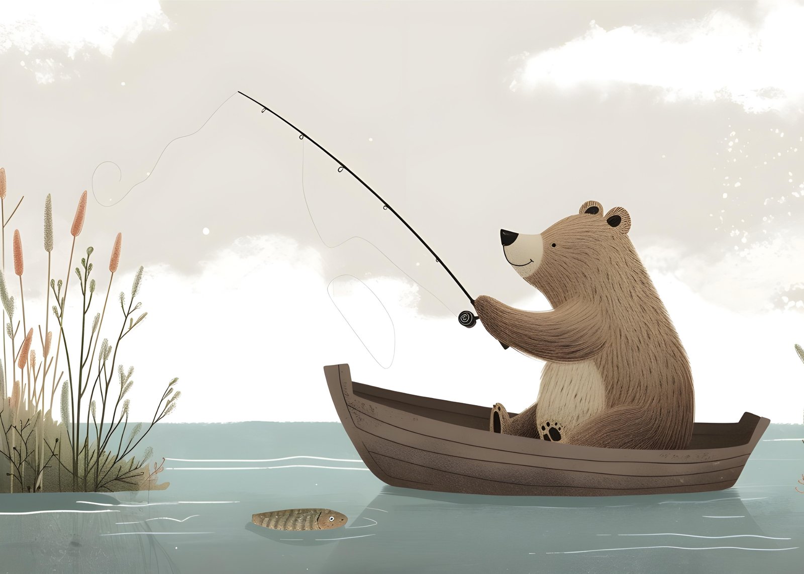 Whimsical Bear Fishing Boat Adventure Wall Art