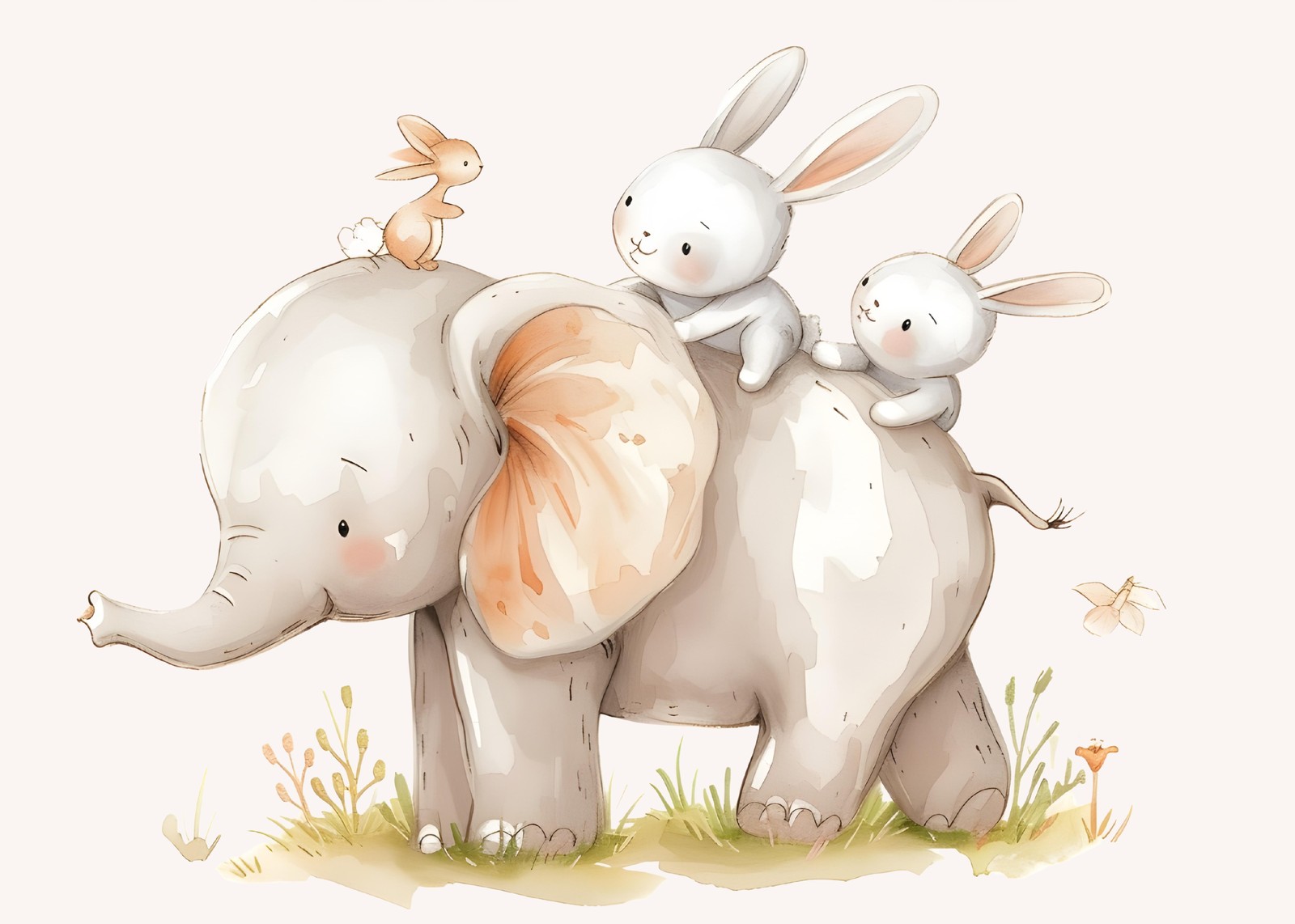 Adorable Baby Elephant & Bunnies Watercolor Wall Art