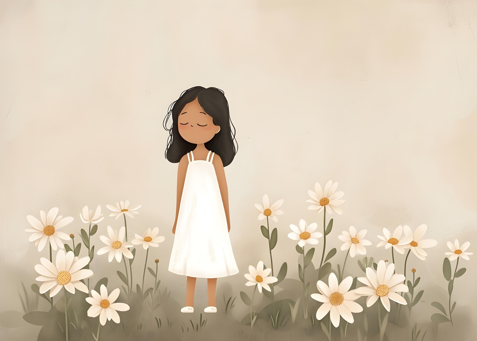 Serene Girl Daisy Field Wall Art