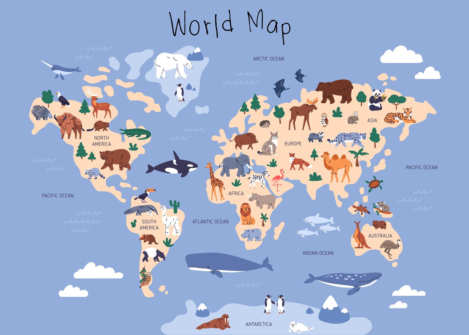 Kids World Map Animal Adventure Wall Art