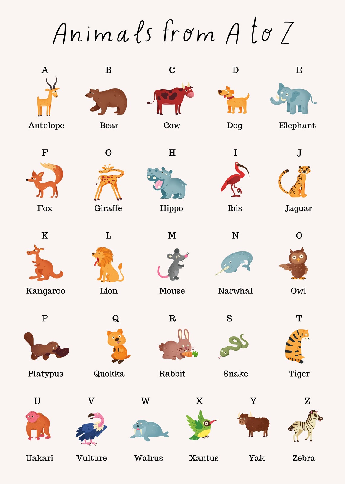 Animals A-Z Alphabet Cute Kids Wall Art